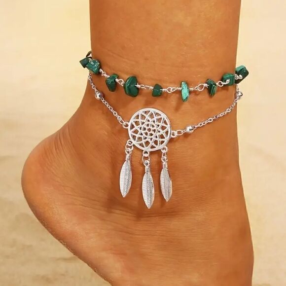 Hollow Dreamcatcher Irregular Green Turquoise AnkletSummer Beach Foot chain - Picture 9 of 9